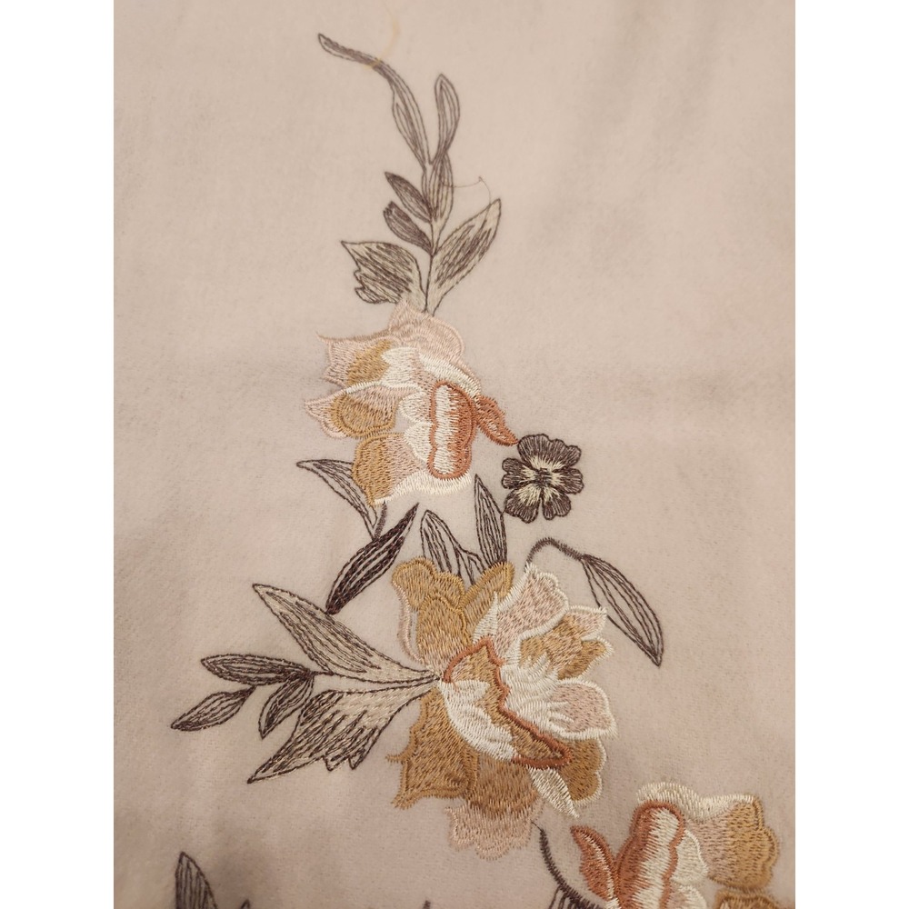 100% Wool Floral Embroidered Long Rectangle Scarf Cream Tan Oatmeal Approx 78x23 - Picture 7 of 9